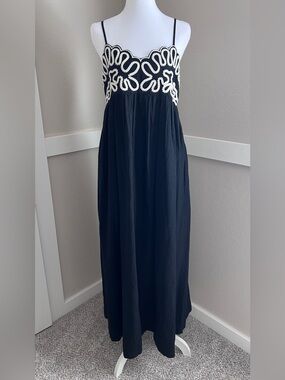 A New Day Black Crewel Embroidered Maxi Dress Linen Blend - Size Medium